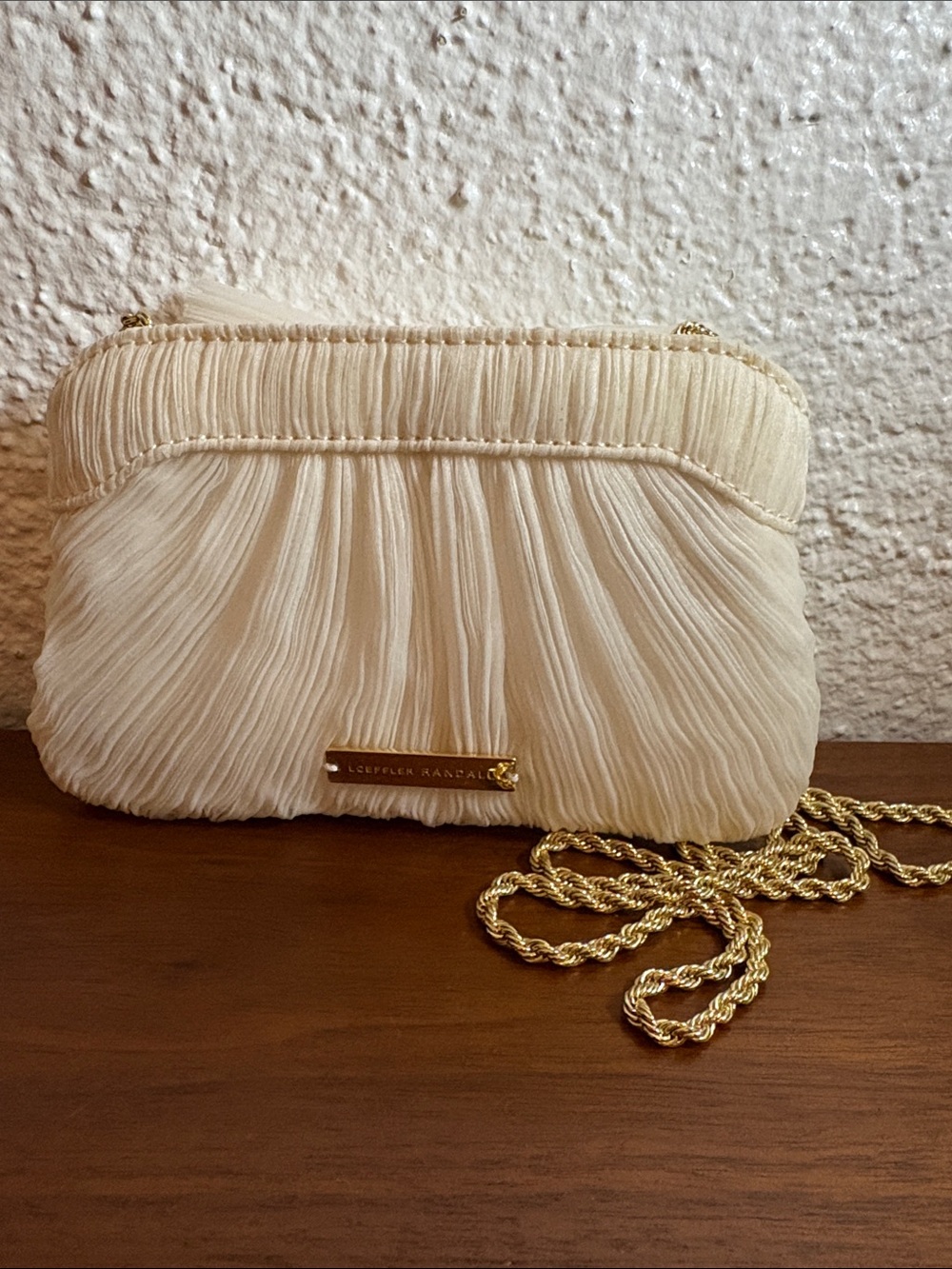 Loeffler Randall Ivory Pleated Bow Clutch with Gold Chain - Picture 2 of 14